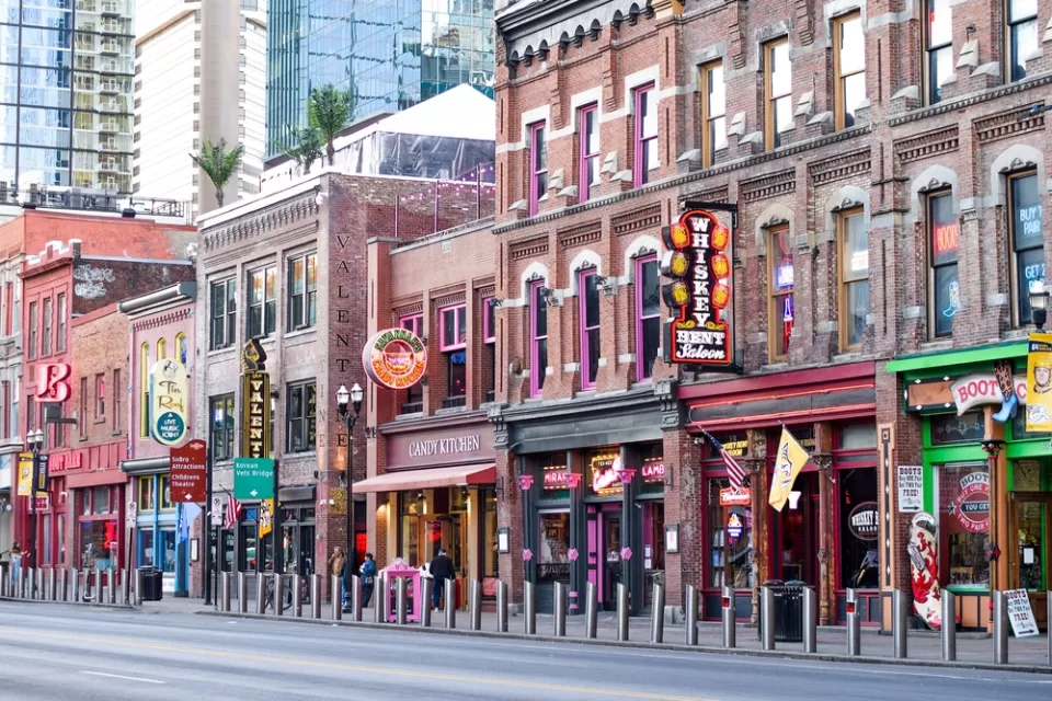 Victorian two-story buildings with retail shops in downtown Nashvile, Tennessee